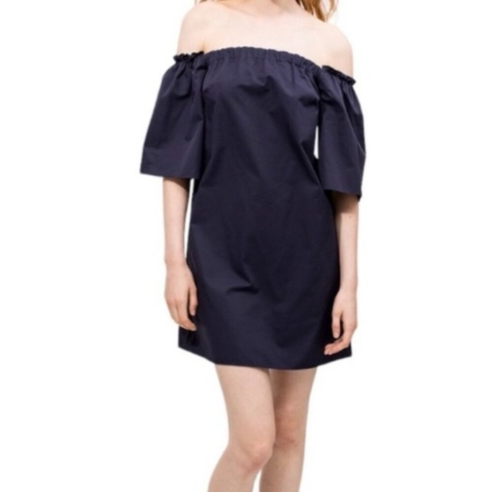 Zara Trafaluc Navy Blue Off The Shoulder Puff Sleeve Cotton Mini Dress XS - Picture 1 of 8